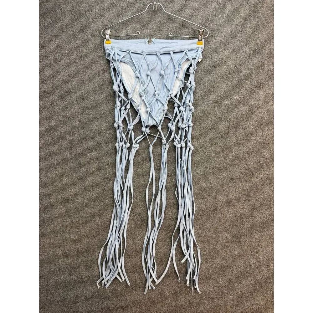 Women's Light Blue Denim Look Fringe Halter Set Size S Boho Festival